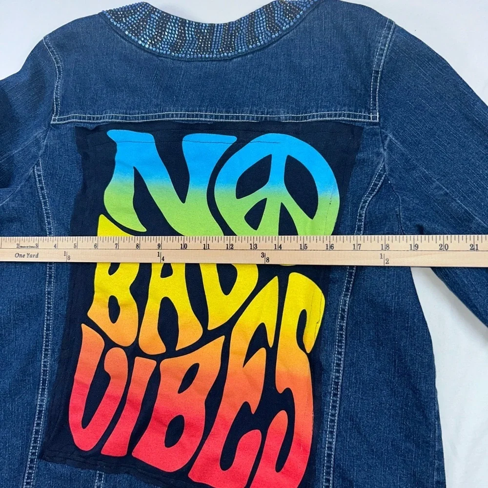 Quacker Factory Custom Denim Jacket No Bad Vibes Peace Rhinestone boho Sz M